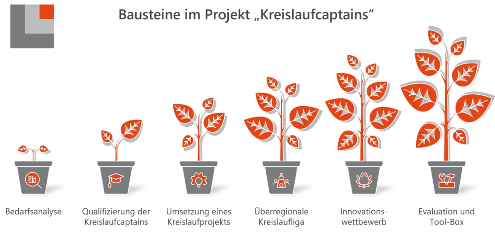 Grafik: 6 Pflanzentöpfe mit immer größeren Pflanzen von links nach rechts